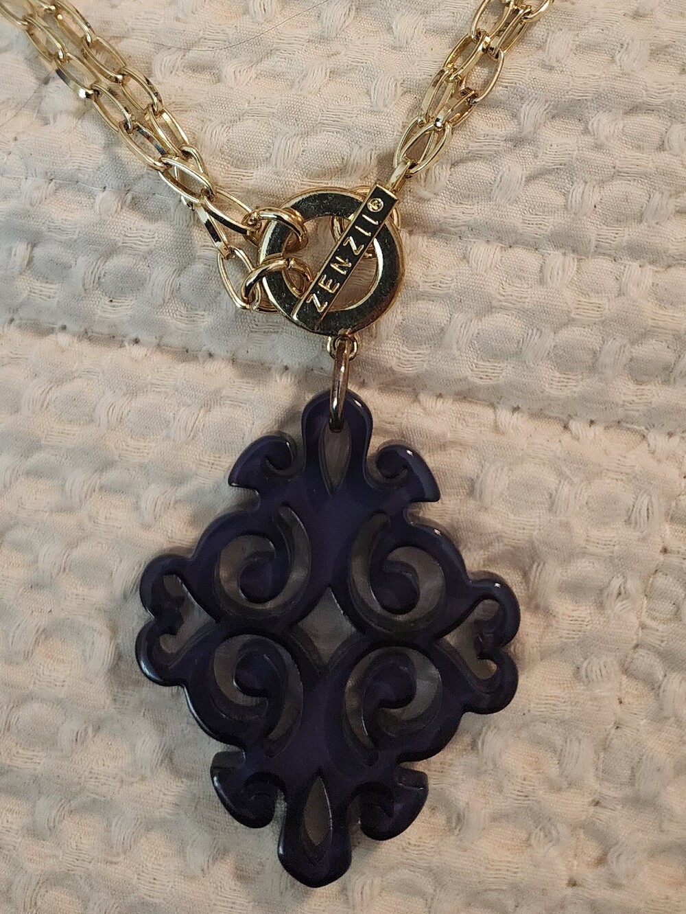 Goldtone Double Chain Necklace Purple Filigree Acrylic Pendant Toggle Clasp